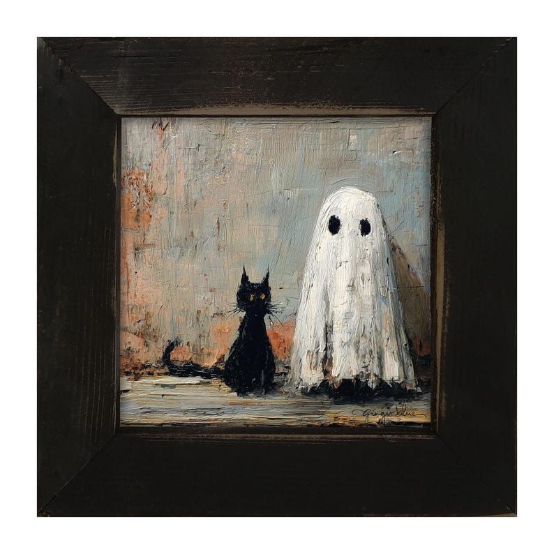May include: Square framed painting featuring a black cat and a white ghost. The cat sits to the left, and the ghost stands to the right. The background is a textured blend of gray, orange, and white.