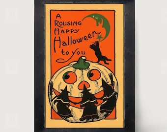 A Rousing Happy Halloween: [Framed Print] Vintage Halloween illustration with pumpkins and witches, witchy artwork!