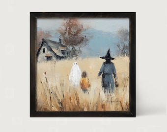 Trick or Treating in the Country: [Framed Print] Our Ghost and Witch Print is an enchanting blend of whimsy and mystery