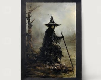May include: A framed wall art print depicting a figure in a dark, tattered cloak and a wide-brimmed pointed hat, standing by a barren tree near a misty, muted-toned body of water while holding a long wooden staff in a somber, painterly style.