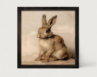 May include: A square framed wall art piece featuring a painting of a brown rabbit sitting in a neutral-toned setting. The rabbit has long ears, dark eyes, and soft fur textures. The artwork is enclosed in a simple, dark-colored wooden frame.
