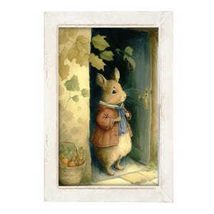 May include: A framed illustration of a brown mouse wearing a red jacket and a blue scarf standing in front of a closed wooden door. The mouse is holding the scarf in its paws. There is a basket of fruit in the foreground.