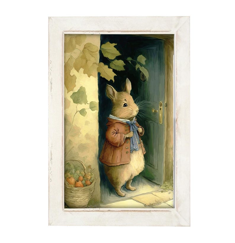 May include: A framed illustration of a brown mouse wearing a red jacket and a blue scarf standing in front of a closed wooden door. The mouse is holding the scarf in its paws. There is a basket of fruit in the foreground.