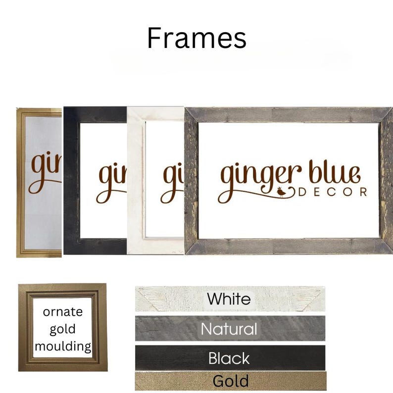 K&ouml;nnte beinhalten: Eine Sammlung rechteckiger Bilderrahmen in Gold, Schwarz, Wei&szlig; und Naturholzoptik. Die Darstellung enth&auml;lt den Text Frames und ginger blue DECOR sowie einen quadratischen Rahmen mit der Beschriftung ornate gold moulding und Farbmuster mit den Bezeichnungen White, Natural, Black und Gold.