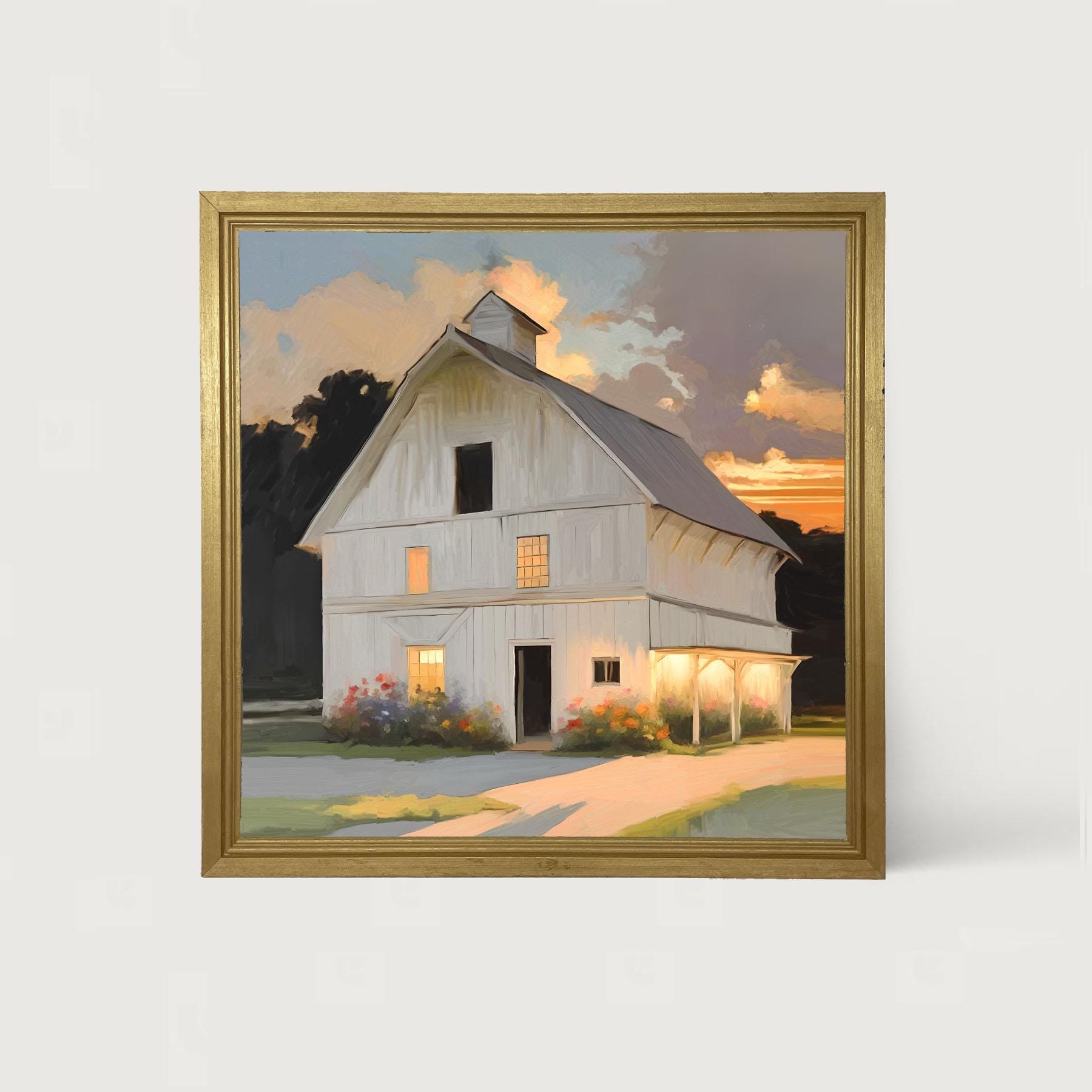 Barn at Sunset [Framed Print] Capture the serene beauty of a countryside evening. Perfect for both modern and farmhouse-style interiors!