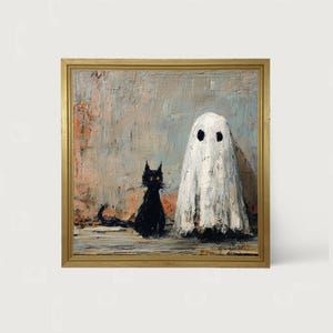 May include: A framed painting depicts a black cat and a ghost. The cat sits to the left, facing forward, with a long tail. The ghost is draped in a white sheet with two black eye holes. The background is a textured blend of gray, pink, and beige.