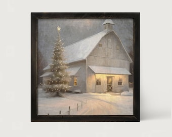 Christmas Night Farm [Framed Print] - Christmas barn print | Winter barn painting for farmhouse holiday decor