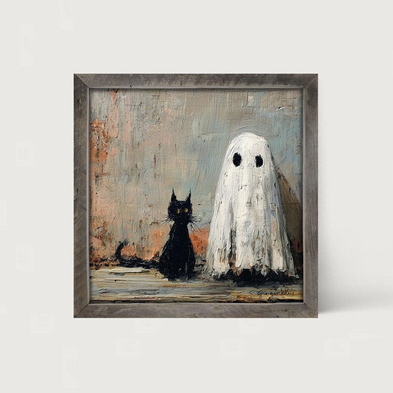 May include: A framed painting depicts a black cat and a white ghost. The cat is sitting, and the ghost is standing. The background has a textured, muted color palette of gray, beige, and peach. The frame is a weathered gray.