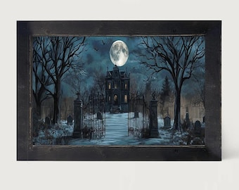 Spooky Manor: [Framed Print] Gothic Halloween Graveyard Scene for Spooky Home Decor