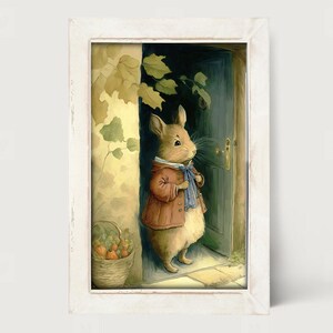 May include: A brown mouse wearing a red jacket and blue scarf stands by a wooden door with a basket of fruit nearby.