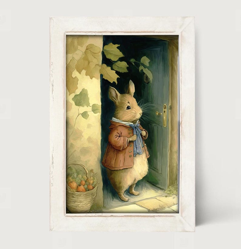 May include: A brown mouse wearing a red jacket and blue scarf stands by a wooden door with a basket of fruit nearby.