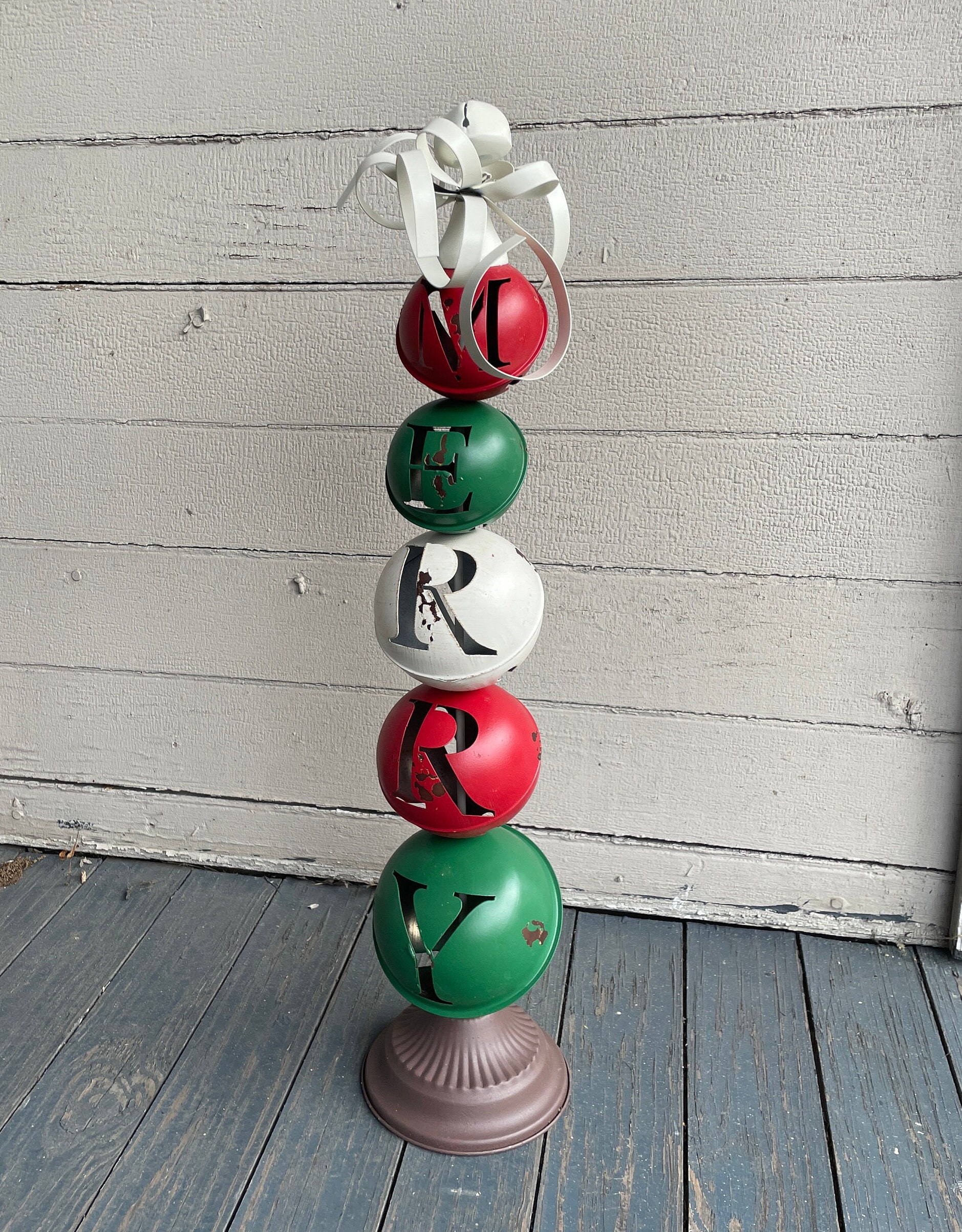 Standing Jingle Bells Stacked- Merry | Metal Christmas Bells