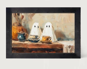 Ghosts Enjoying Tea: [Framed Print] Add a touch of whimsy with our cute Halloween ghost tea party