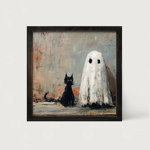 May include: A framed painting depicts a black cat and a white ghost. The cat is sitting, and the ghost is standing. The background has a textured, muted color palette of gray, peach, and brown. The artwork has a Halloween theme.