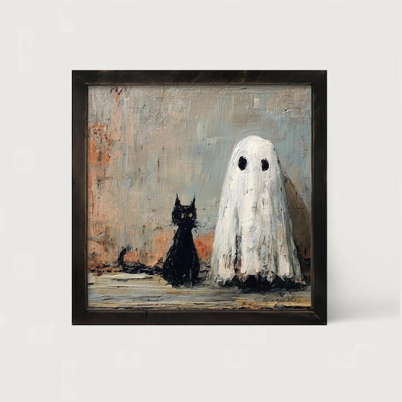 Black Cat and Ghost: [Framed Print] Black cat artwork for spooky Halloween decor