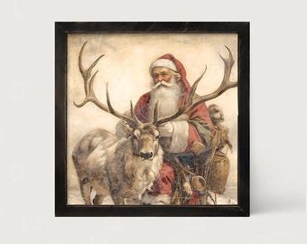 Santa and Reindeer [Framed Print]  Rustic Christmas art | Reindeer artwork