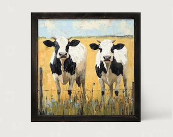 May include: A square framed painting featuring two black and white cows standing in a golden yellow field. The cows are positioned behind a wire fence with green and brown grasses at the bottom and a light blue sky visible above the horizon line.