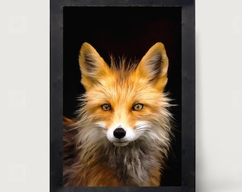 May include: A framed wall art print featuring a detailed portrait of a red fox with amber eyes and thick, textured fur. The fox is centered against a solid black background, enclosed within a simple, rectangular black wooden frame.