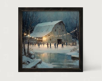 Winter Gathering at the Barn: [Framed Print] - Step into a winter wonderland with our Christmas winter barn ice skating scene.