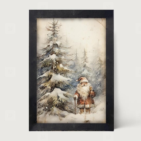 Snowy Santa [Framed Print] Winter Pine Landscape | Woodland Christmas tree scene |  Capture the joy and wonder of the holiday season!