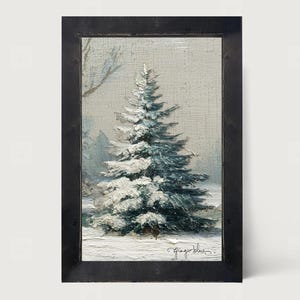 May include: A framed winter landscape painting. A snow-covered evergreen tree is the focal point, with a backdrop of a snowy field and a bare tree. The painting is signed "Gingerblue" in the lower right corner. The frame is black.