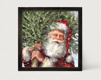 Classic Santa carrying a tree painting [Framed Print] | retro Christmas  | 1950's Vintage Santa framed print | mid century Santa