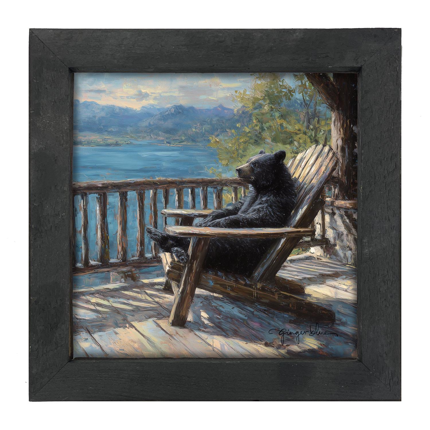 Bear Enjoying the Day on Porch: [framed Print] Rustic Woodland Art 