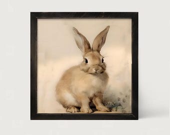 May include: A square framed wall art piece featuring a watercolor-style illustration of a light brown rabbit with long ears and dark eyes. The rabbit is positioned in the center against a soft, neutral background, enclosed in a dark wood frame.