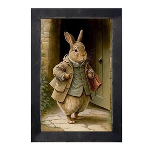 May include: A framed painting of a rabbit dressed in a brown coat and a green vest, standing in a doorway with a red bag in its hand.