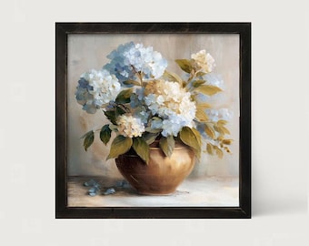 Copper Vase with Blue and White Hydrangeas: [Framed Print] Hydrangea botanical wall art for cottagecore decor