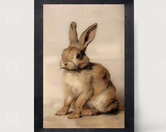 May include: A framed wall art print featuring a realistic illustration of a brown and tan rabbit sitting in a profile position. The artwork is enclosed within a simple, dark black wooden frame that contrasts with the light, neutral background.
