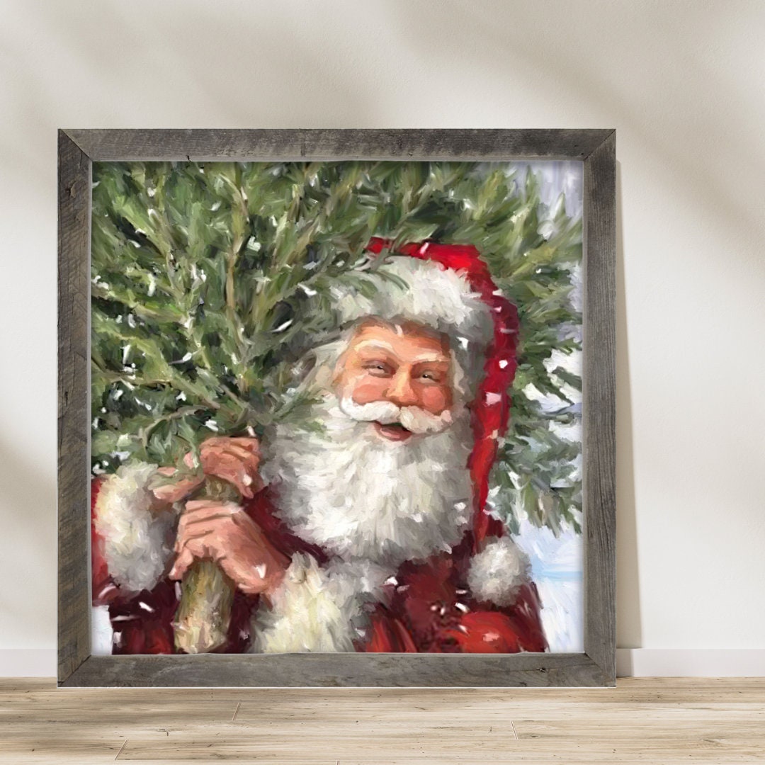 Classic Santa Carrying a Tree Painting framed Print Retro Christmas
