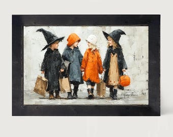May include: A framed oil painting depicting four children dressed in Halloween costumes, including black witch hats and capes, an orange hooded coat, and a white hat. They carry paper bags and a small orange pumpkin bucket against a textured wall.