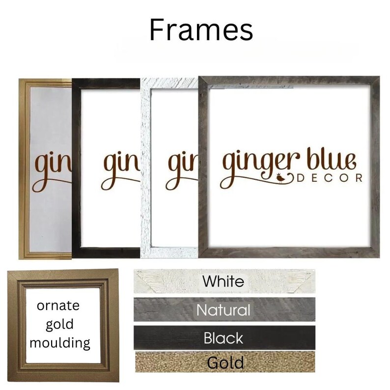 May include: An assortment of picture frames in various colors, including gold, black, white, and natural wood tones. The image also displays the text "Frames" at the top and a sample of frame styles with the text "ginger blue decor".