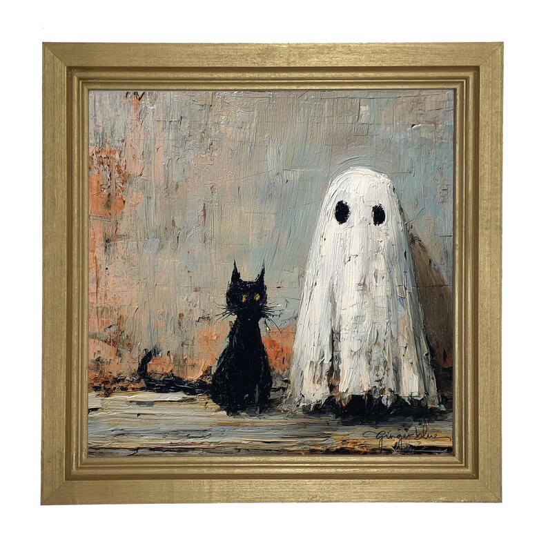 May include: A framed painting depicts a black cat and a white ghost. The cat has yellow eyes and is sitting next to the ghost. The ghost has two black eyes. The background is a textured mix of gray, orange, and blue. The frame is gold.