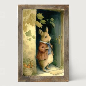 May include: A brown rabbit wearing a red jacket and blue scarf stands in front of a closed wooden door. The rabbit is looking to the right. There are leaves and a basket of fruit in the background.