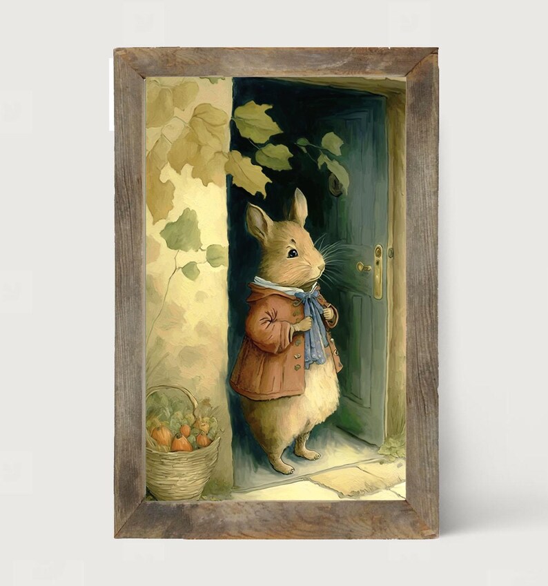 May include: A brown rabbit wearing a red jacket and blue scarf stands in front of a closed wooden door. The rabbit is looking to the right. There are leaves and a basket of fruit in the background.