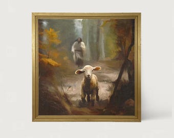 Little Lamb: [Framed Print] Nativity scene | Embrace the ethereal beauty of faith and nature with this captivating lamb and Jesus print