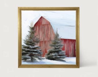 Winter Barn nestled in amongst pine trees print [Framed Print] | Winter Landscape snowy Barn | snowscapes | Mantle wall art | farmhouse