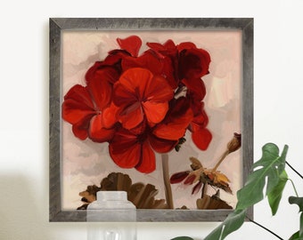 Red Geranium: [Framed Print] Red flowers with a vintage look, perfect for any room or to pair with other botanical pictures!