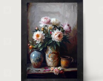 May include: A framed oil painting depicting a bouquet of pale pink and white peonies in a patterned ceramic pitcher, accompanied by a smaller blue vase and a mustard-colored mug, all resting on a wooden surface with scattered flower petals.