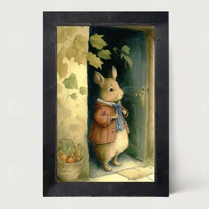 May include: A framed illustration of a brown mouse wearing a red jacket and blue scarf standing in a doorway. The mouse is looking to the right. There is a basket of fruit in the foreground.