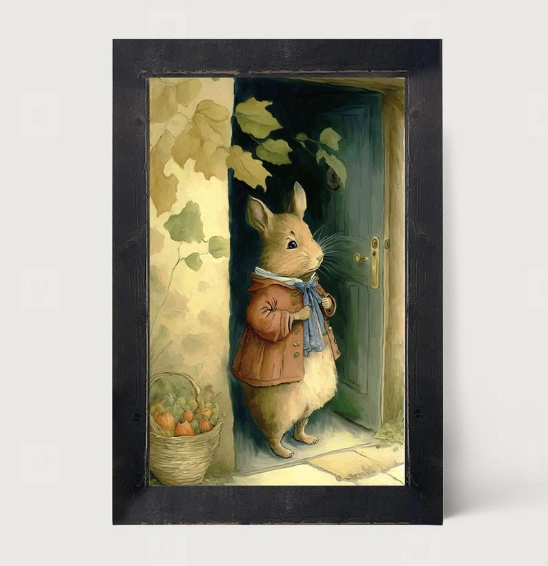 May include: A framed illustration of a brown mouse wearing a red jacket and blue scarf standing in a doorway. The mouse is looking to the right. There is a basket of fruit in the foreground.