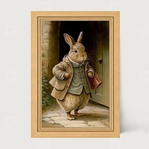 K&ouml;nnte beinhalten: Ein gerahmter Wandkunstdruck, der einen braunen Hasen zeigt, der aufrecht vor einer Holzt&uuml;r steht. Der Hase tr&auml;gt eine hellbraune Jacke &uuml;ber einer gr&uuml;nen Weste und tr&auml;gt eine kleine rote Tasche. Die Szene spielt auf einem Steinweg.