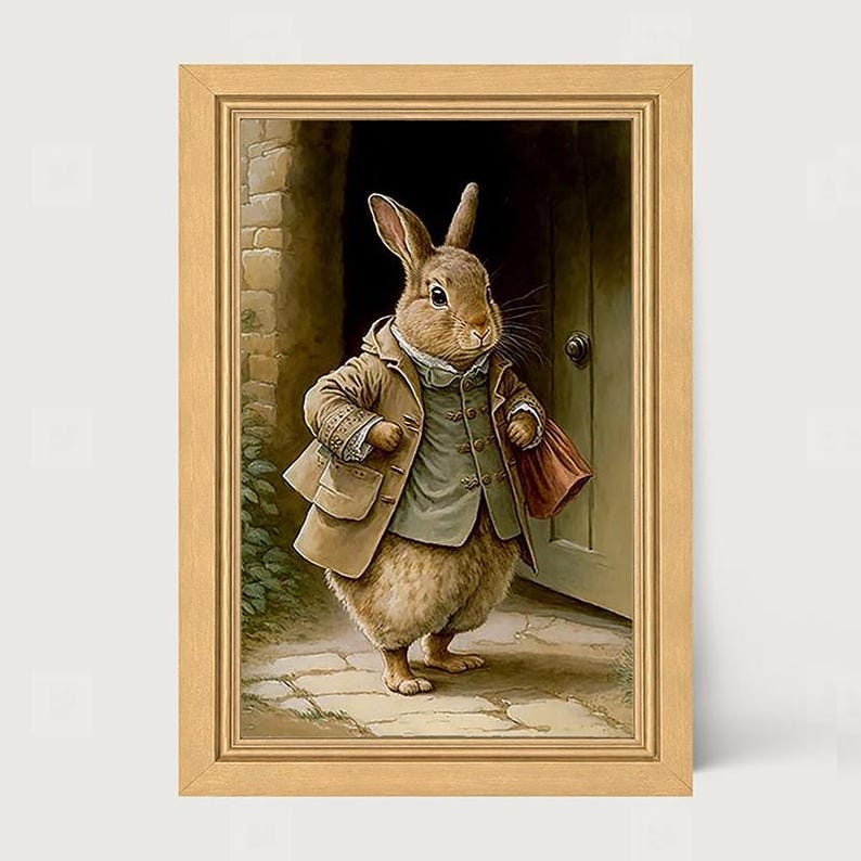 K&ouml;nnte beinhalten: Ein gerahmter Wandkunstdruck, der einen braunen Hasen zeigt, der aufrecht vor einer Holzt&uuml;r steht. Der Hase tr&auml;gt eine hellbraune Jacke &uuml;ber einer gr&uuml;nen Weste und tr&auml;gt eine kleine rote Tasche. Die Szene spielt auf einem Steinweg.