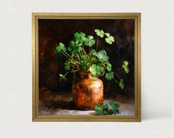 Copper Jar with Clovers: [Framed Print] Shamrock still life art for Irish inspired kitchen decor