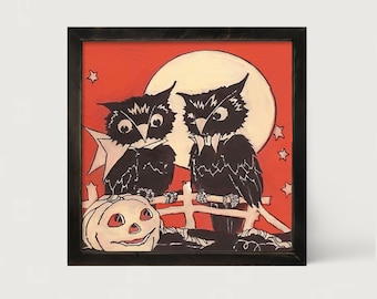 Owls on a fence - illustration: [Framed Print] Vintage curious owls and a great moon, perfect for creating a whimsical Vintage Halloween |