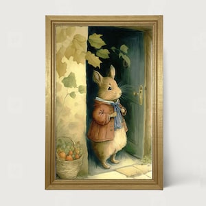May include: A watercolor painting of a brown mouse wearing a red jacket and blue scarf standing in front of a closed wooden door. The mouse is looking at the door and holding the scarf in its paws. There are leaves and a basket of fruit in the background.