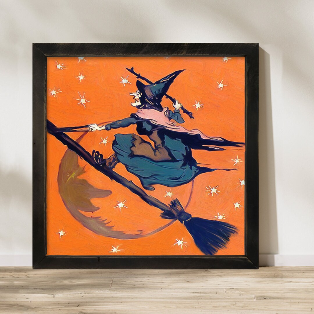 Witch in the Moon: [framed Print] Witch in Front Flying on Her Broom ...