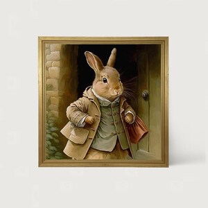 May include: A painting of a rabbit wearing a brown coat and a green vest, holding a red bag. The rabbit is standing in a doorway with a stone wall behind it.